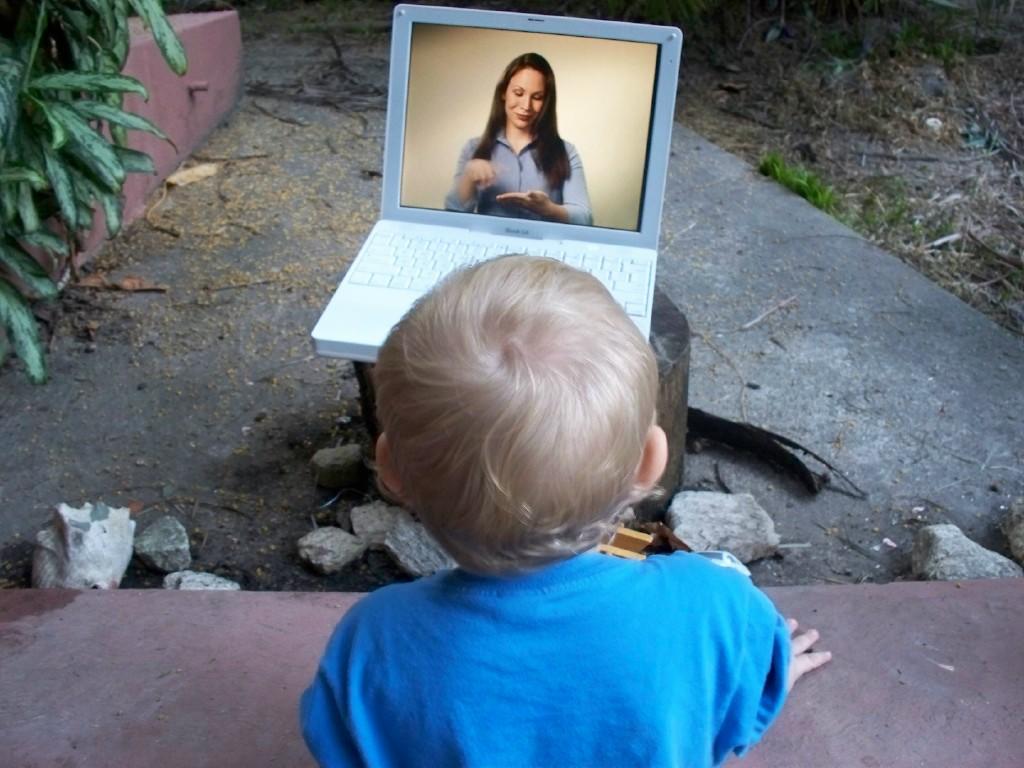 Toddler learning ASL with a video.