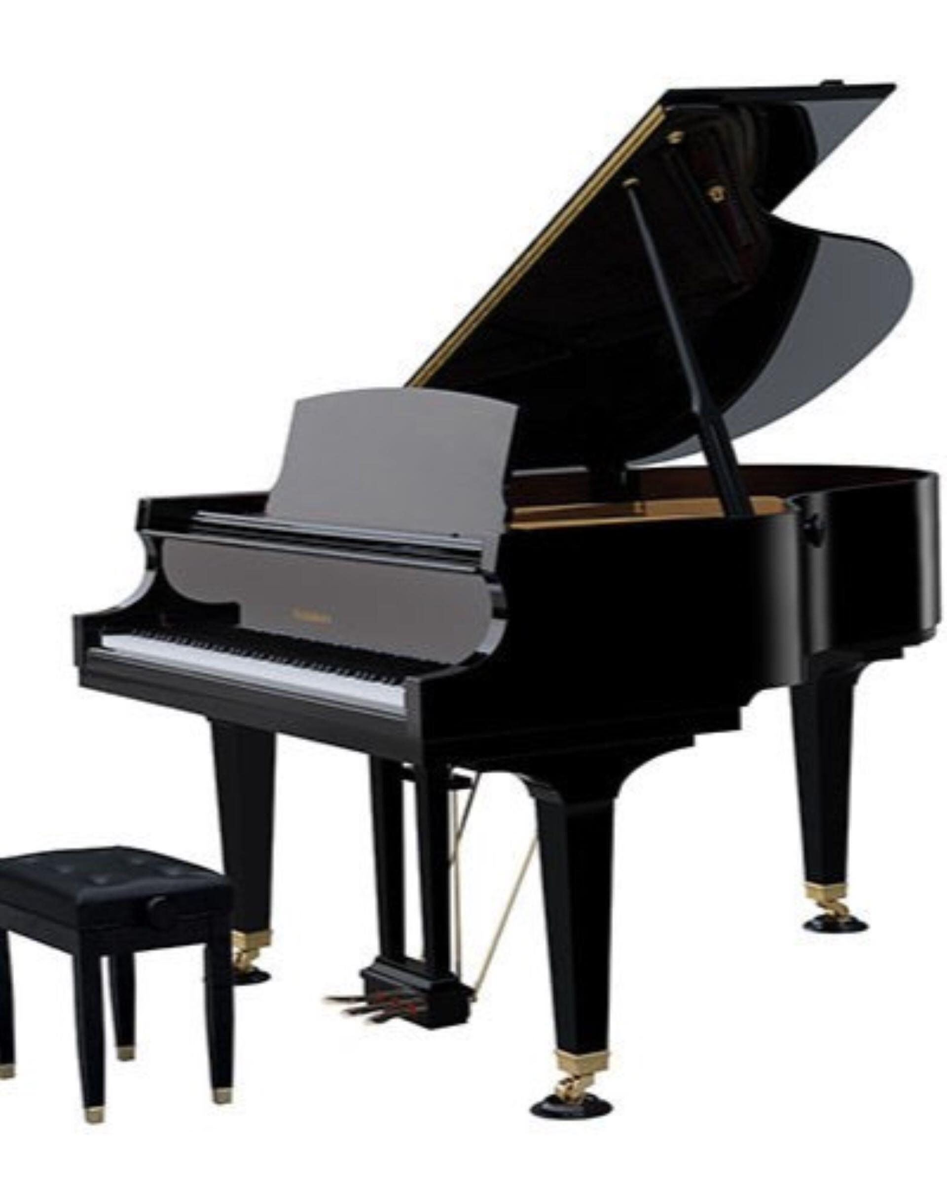 aldwin BP178 black grand piano with matching bench and open lid