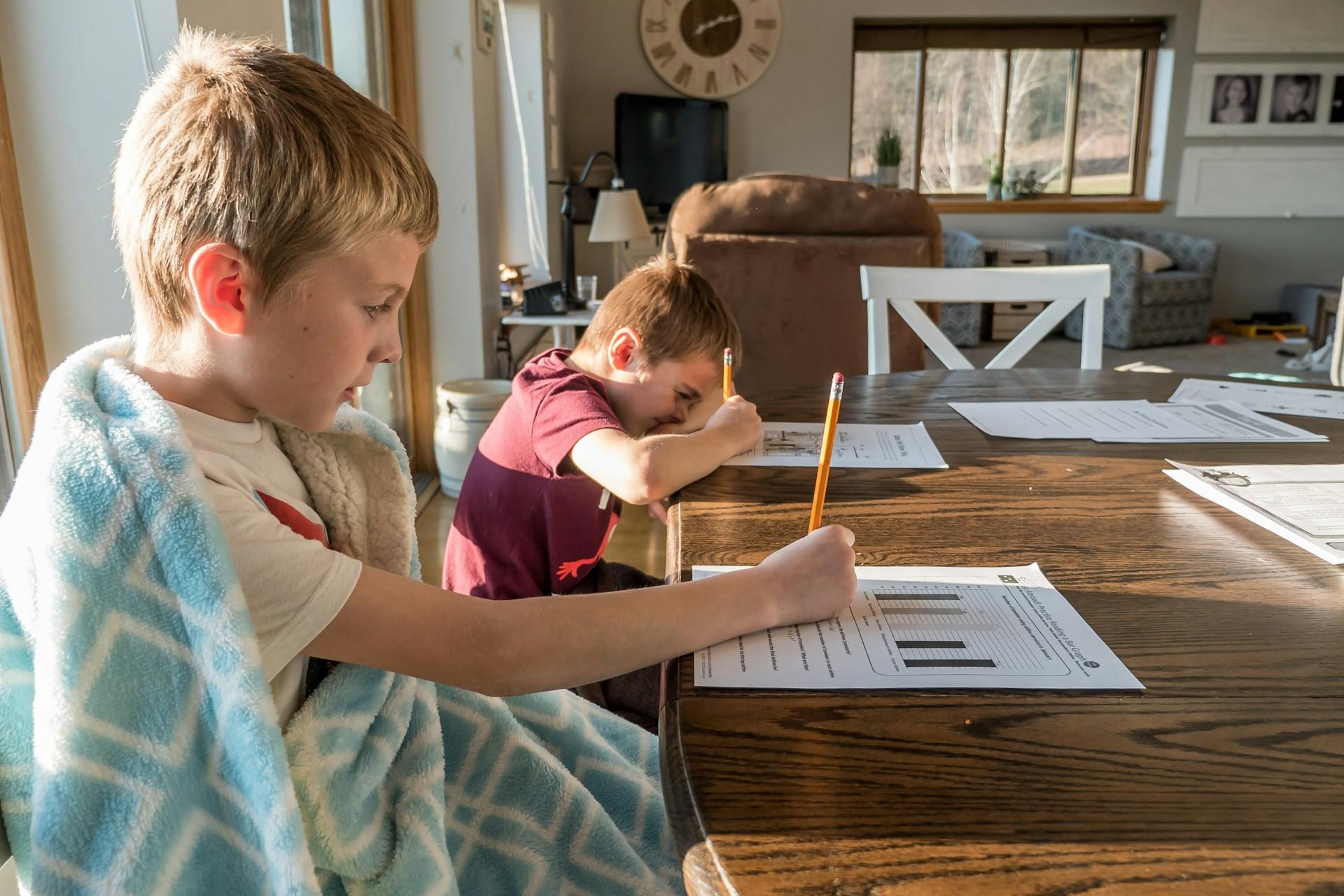 Two boys sat the kitchen table doing homework.