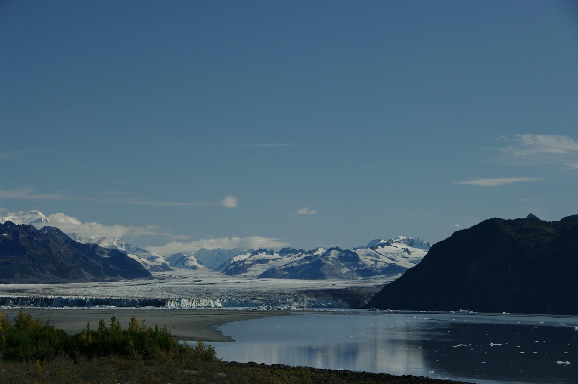 Landscape of glaciers and a lake.