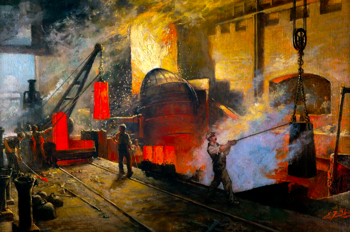 A painting of steel workers during the industrial revolution in the UK.