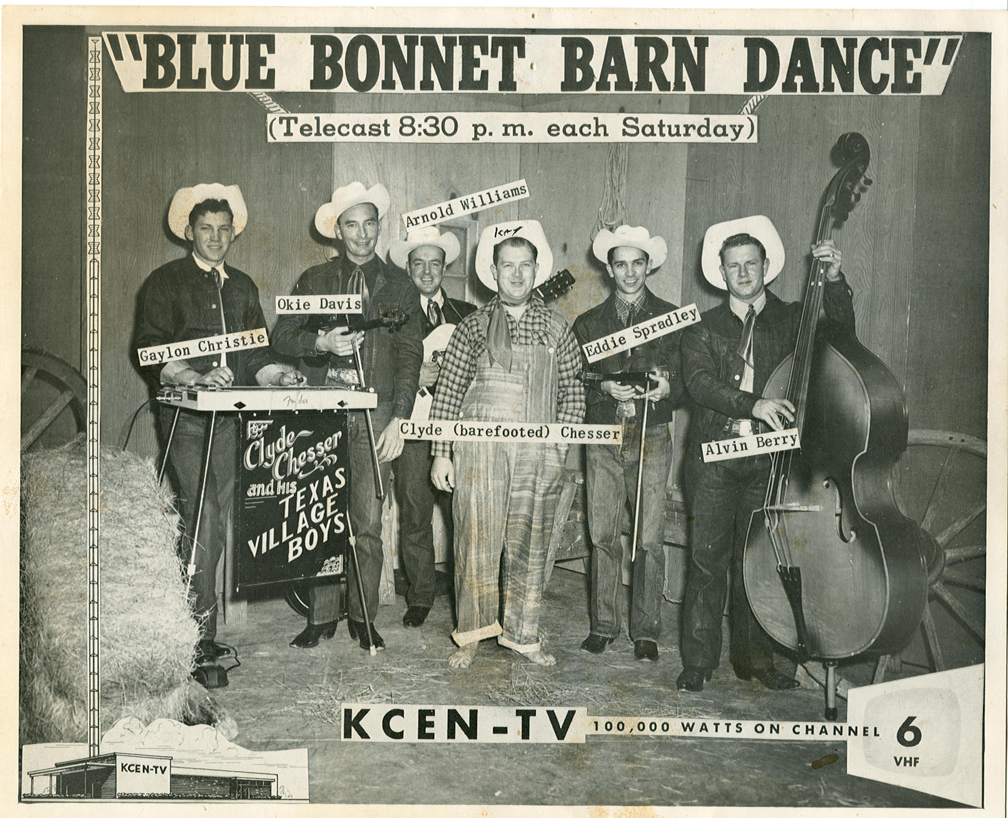 Black and white photo of the band Clyde "Barefooted" Chesser and his Texas Village Boys