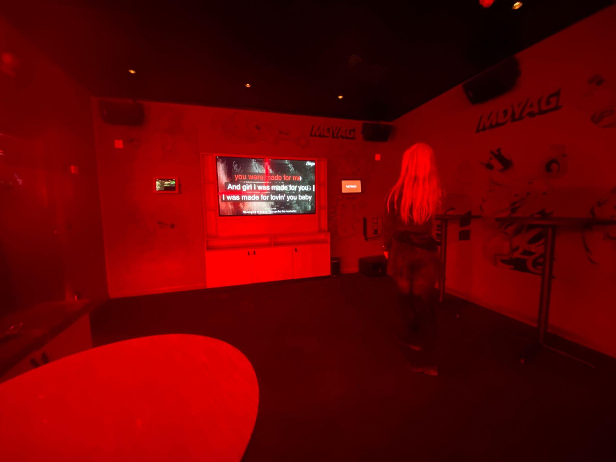 Modern Japanese karaoke room with screen and microphones