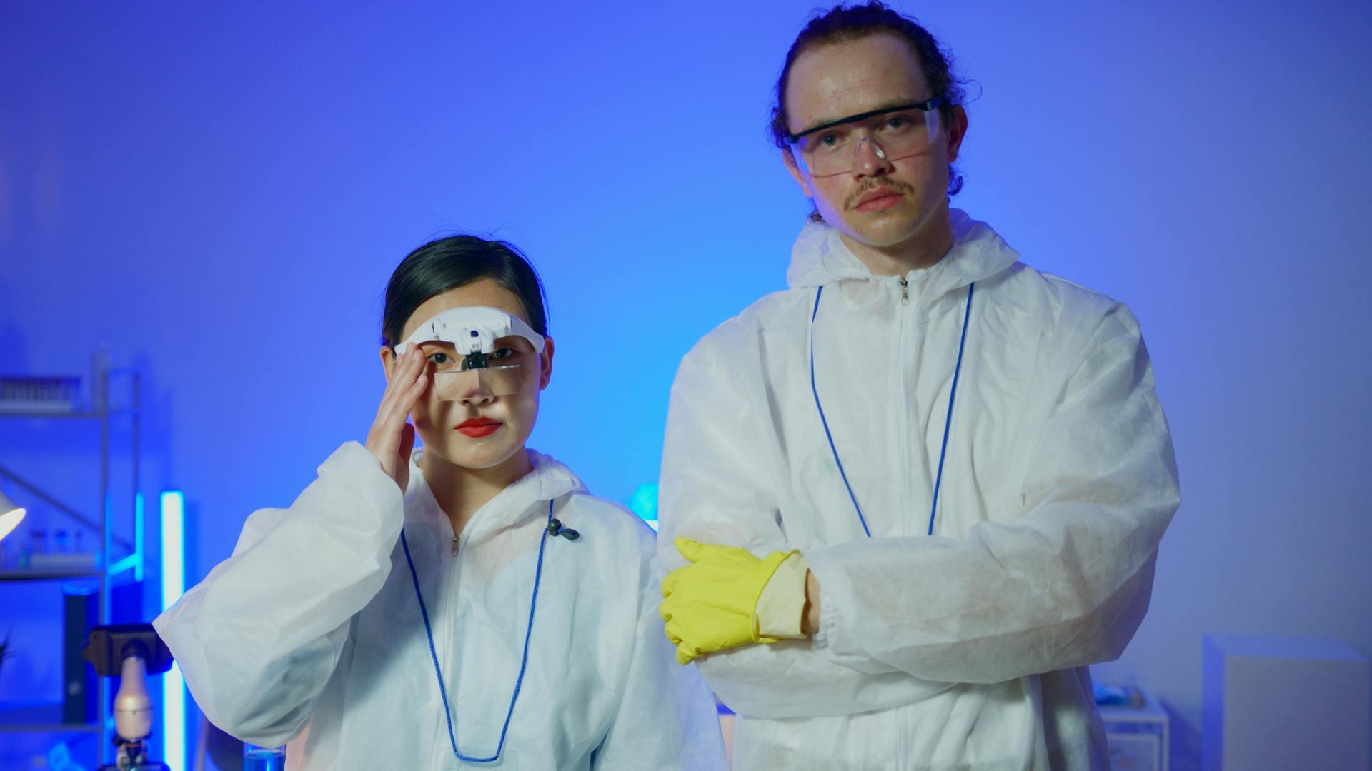 Two young physicists and scientists in a lab