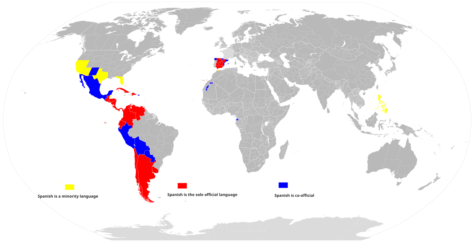 World map of where Spanish is widely spoken