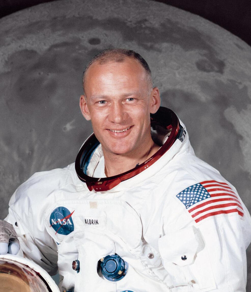 Buzz Aldrin portrait wearing space suit without helmet