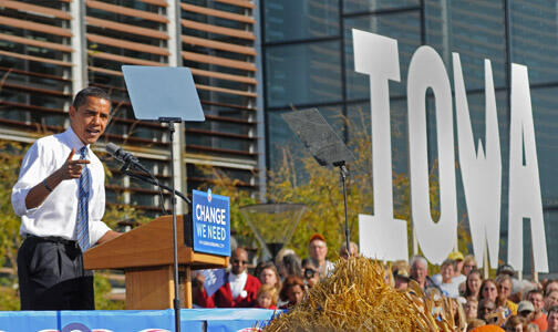 A photo of Obama giving a speech before the election.