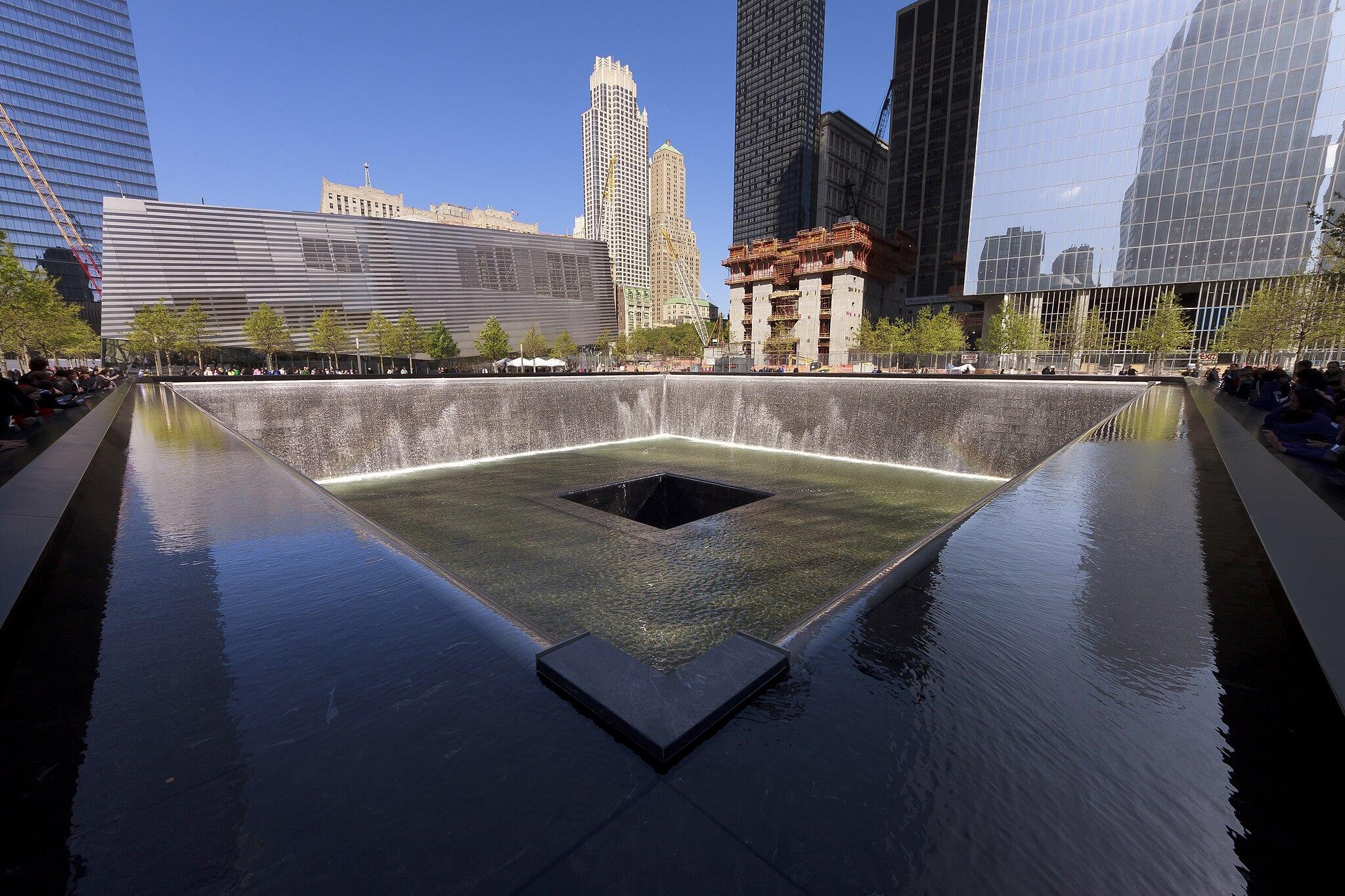 A photo of the reflecting pool at the 9/11 Memorial at Ground Zero.