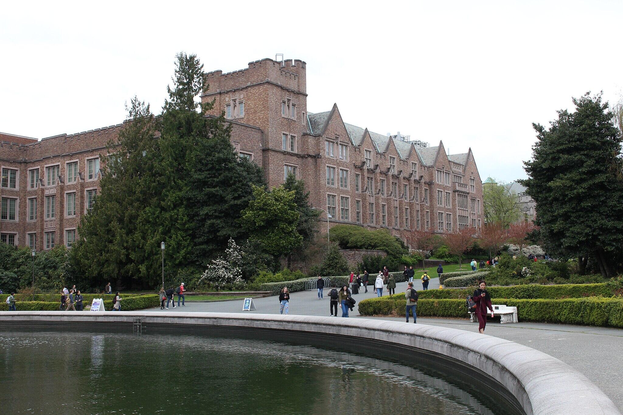 A building and fountain at the University of Washington.