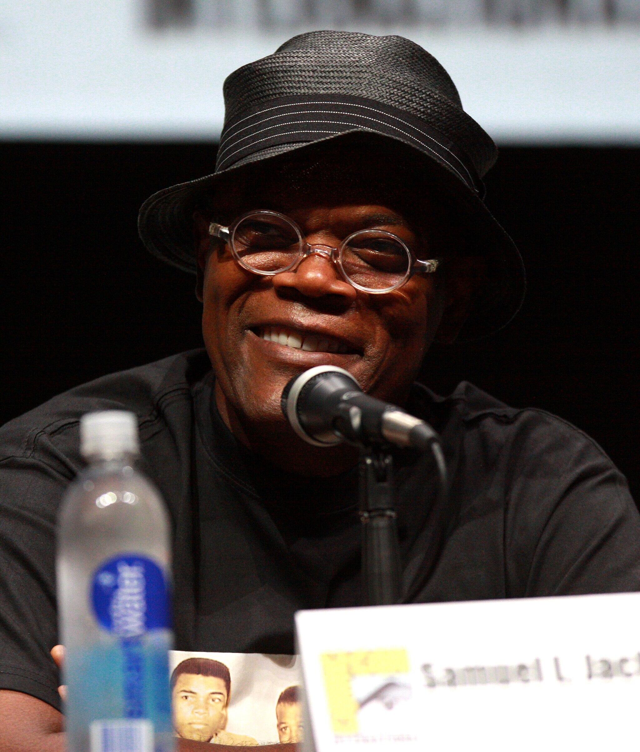 Samuel L Jackson on a speaking panel.
