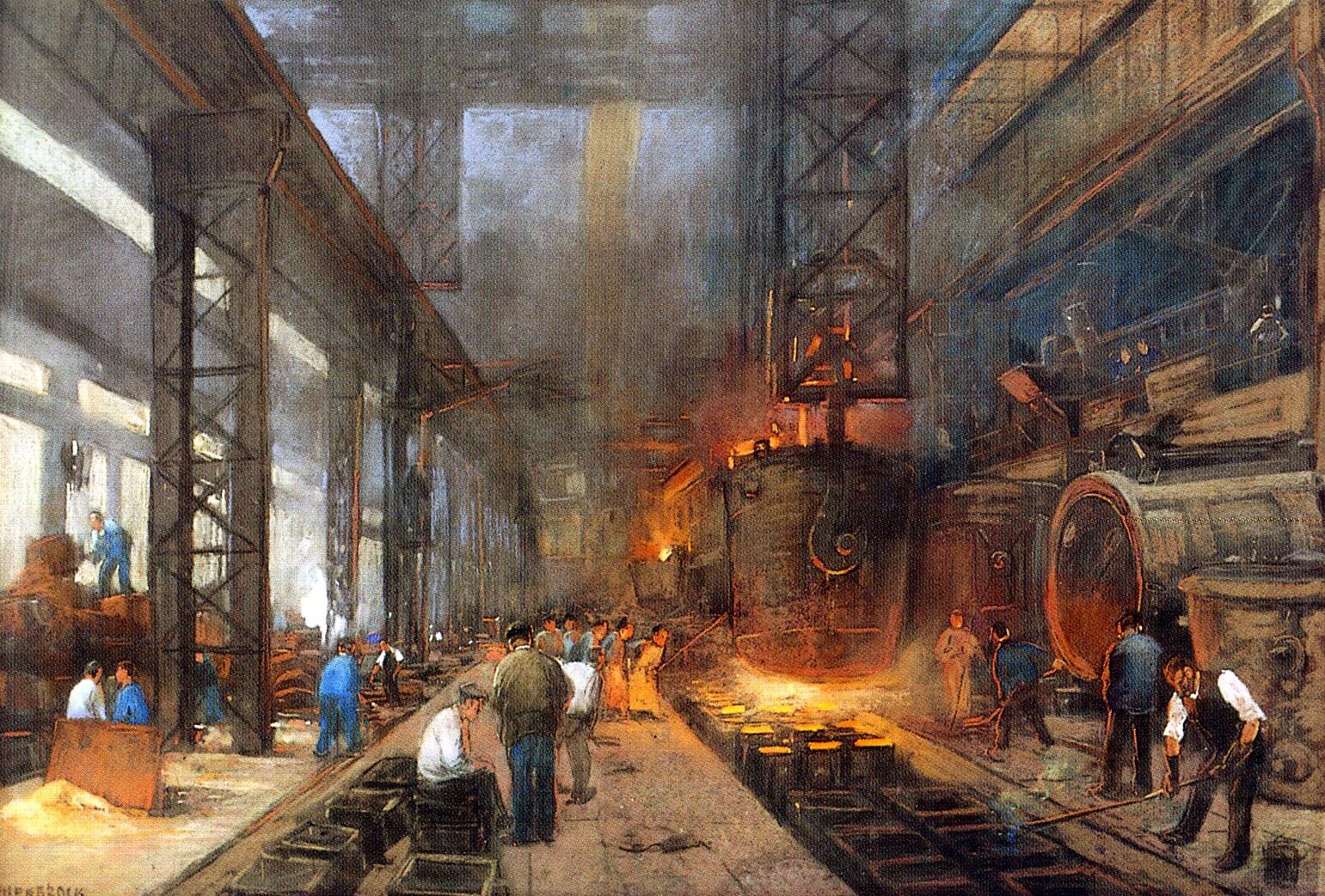 painting of a factory where molten iron is poured into block shapes