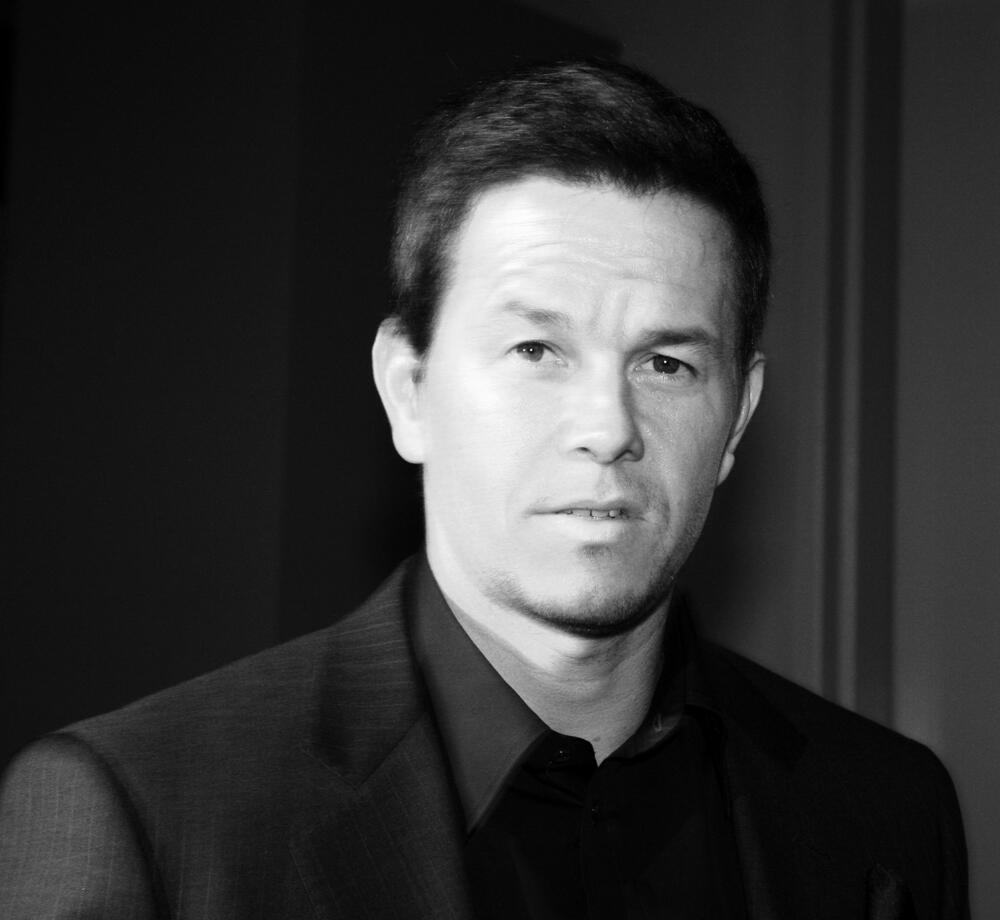 Black and white portrait of Mark Wahlberg