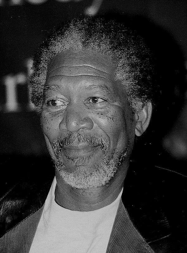 Black and white photo of Morgan Freeman.