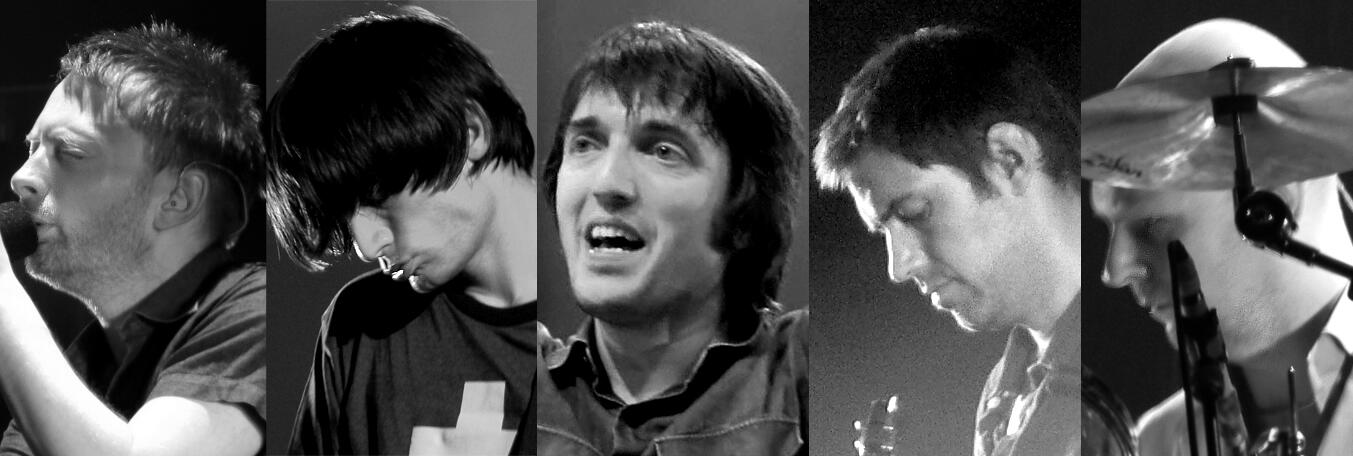 black and white photos of Radiohead band members