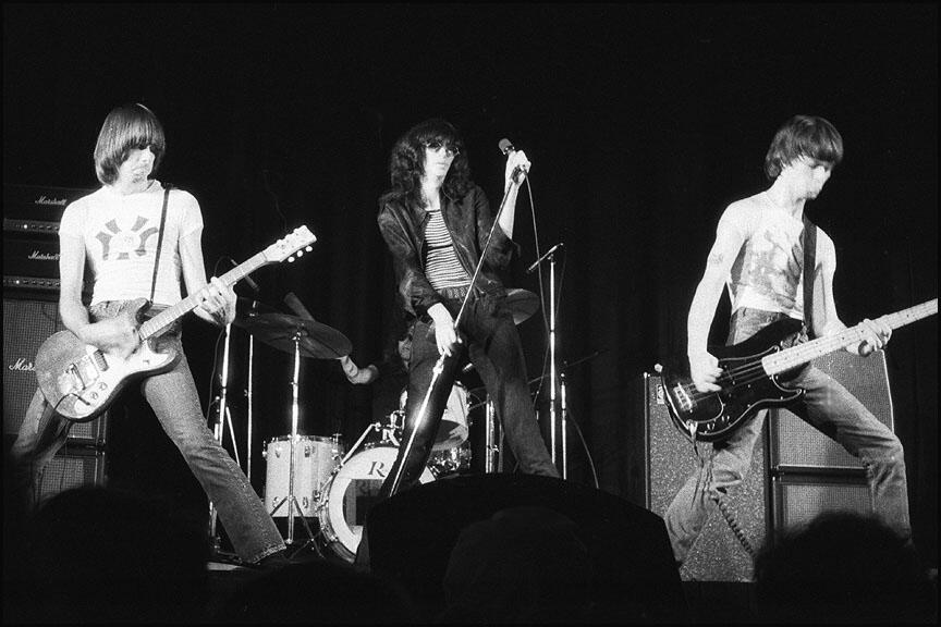 Black and white photo of the Ramones on stage