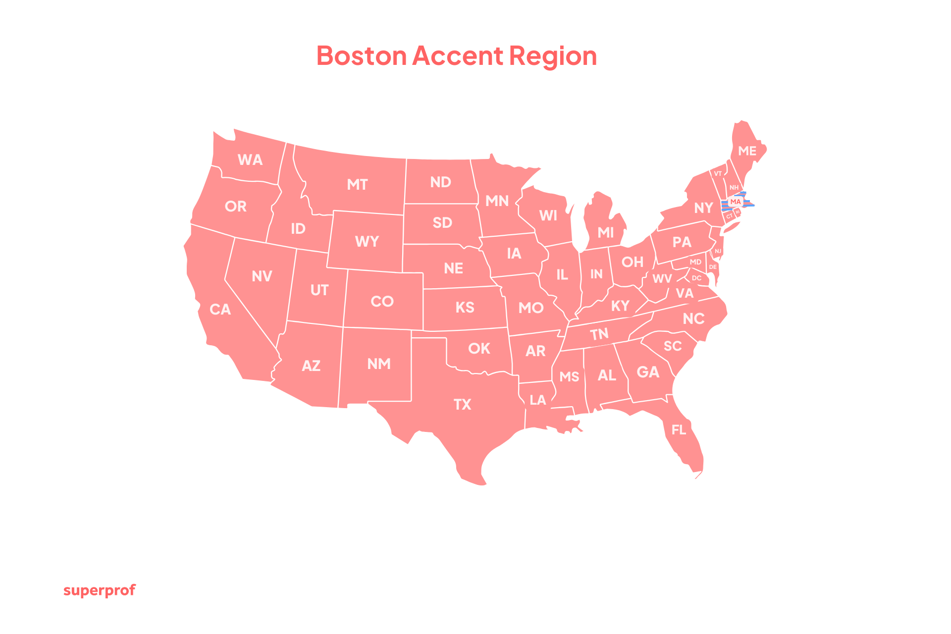 map showing where the Boston accent is found in the US