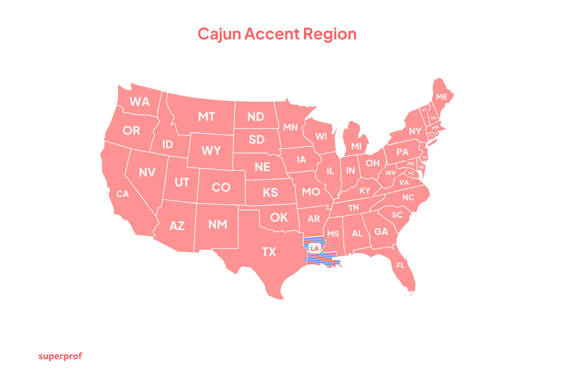 map of the US showing where the Cajun accent is found