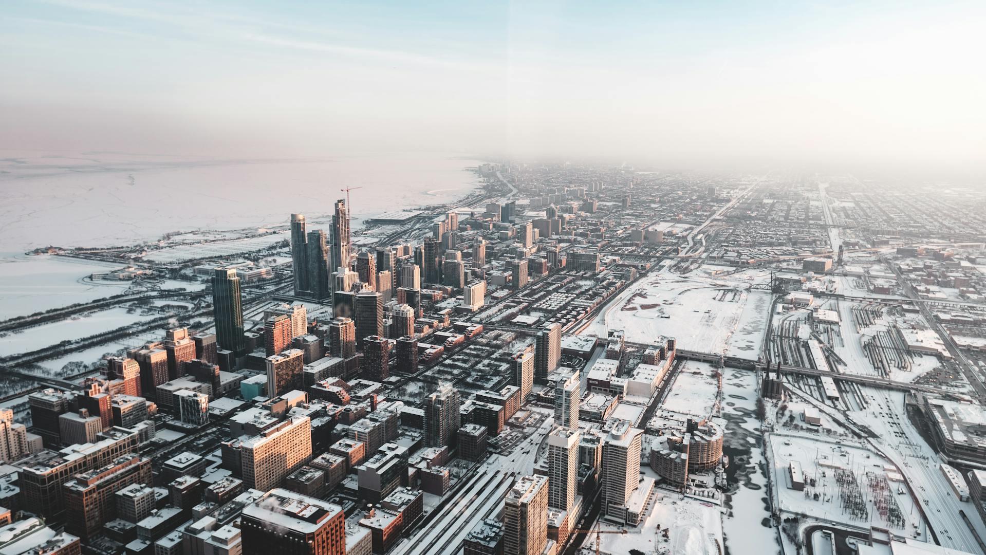 aerial photo of Chicago with snow