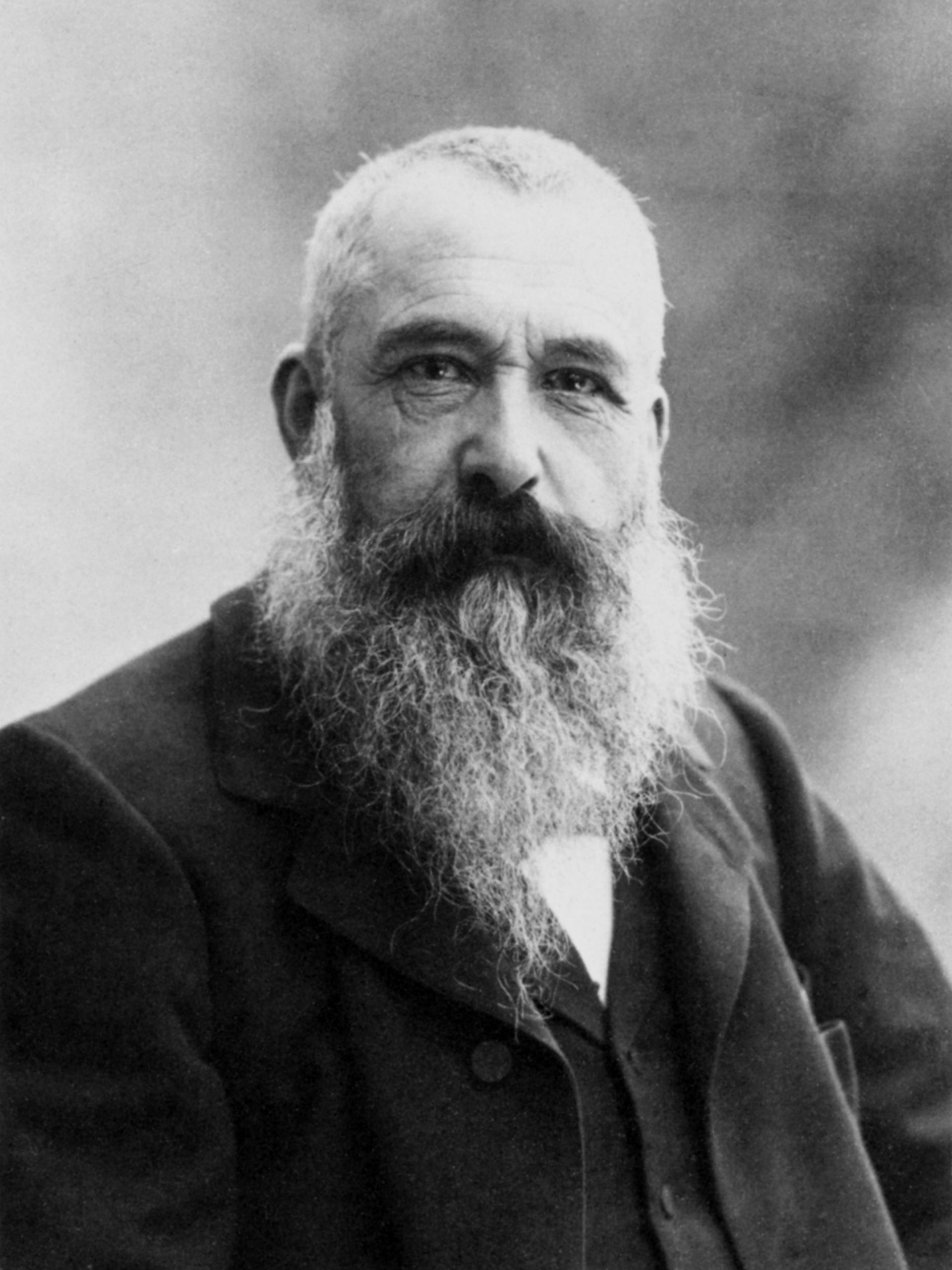 A black and white portrait of Claude Monet.