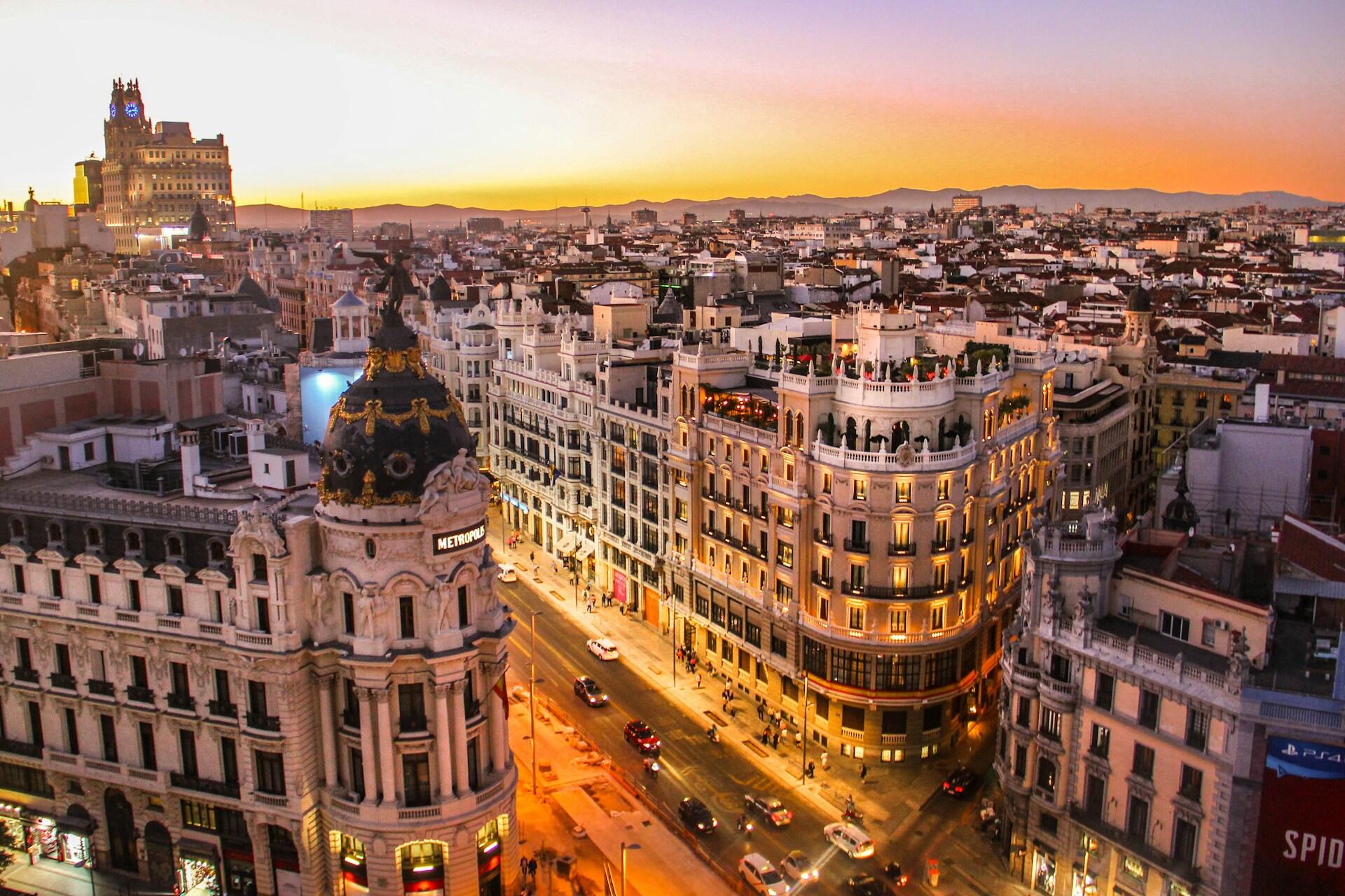 A view of the Gran Vía in Madrid, Spain.