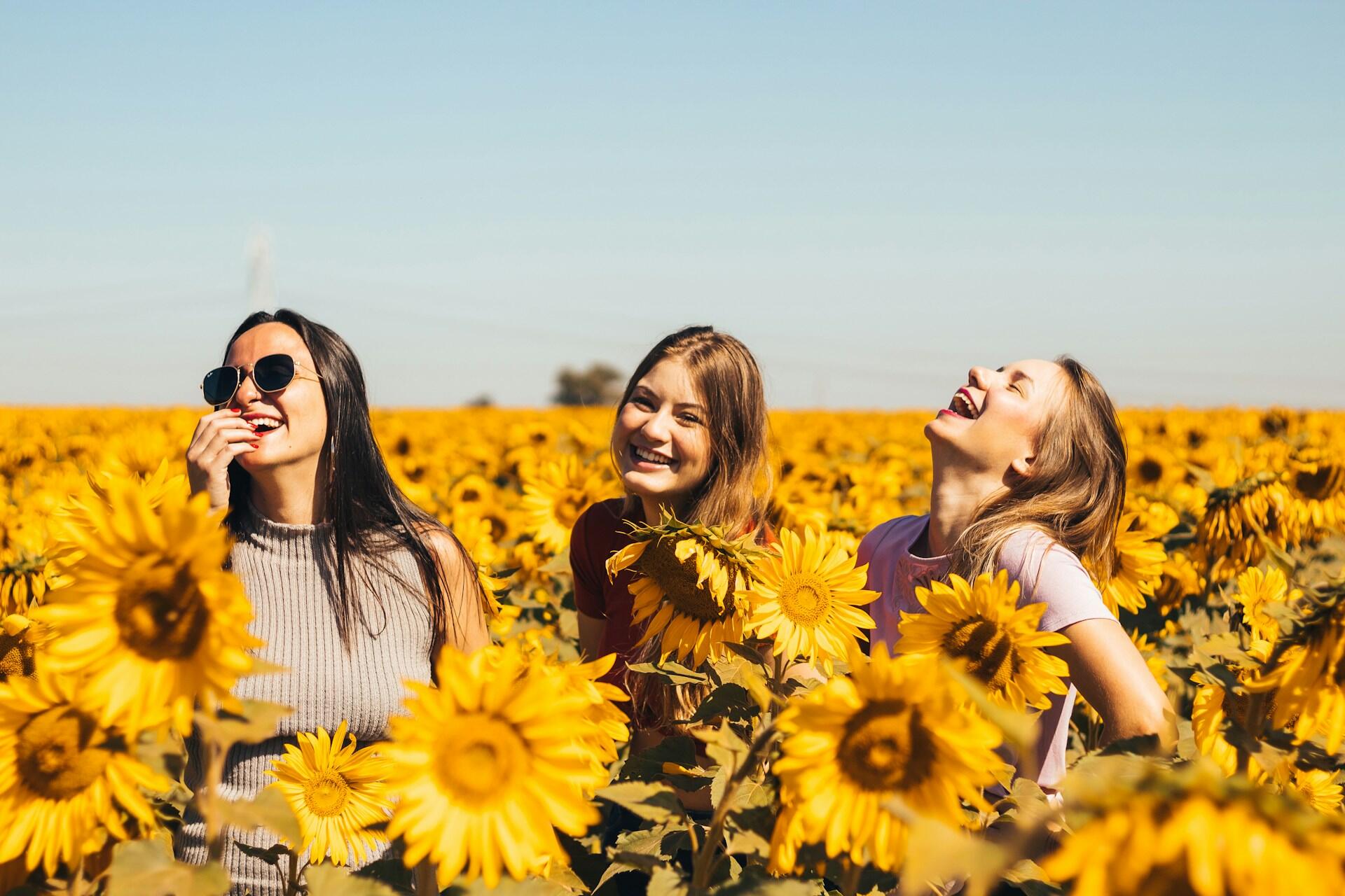 Happy people in a sunflower field.