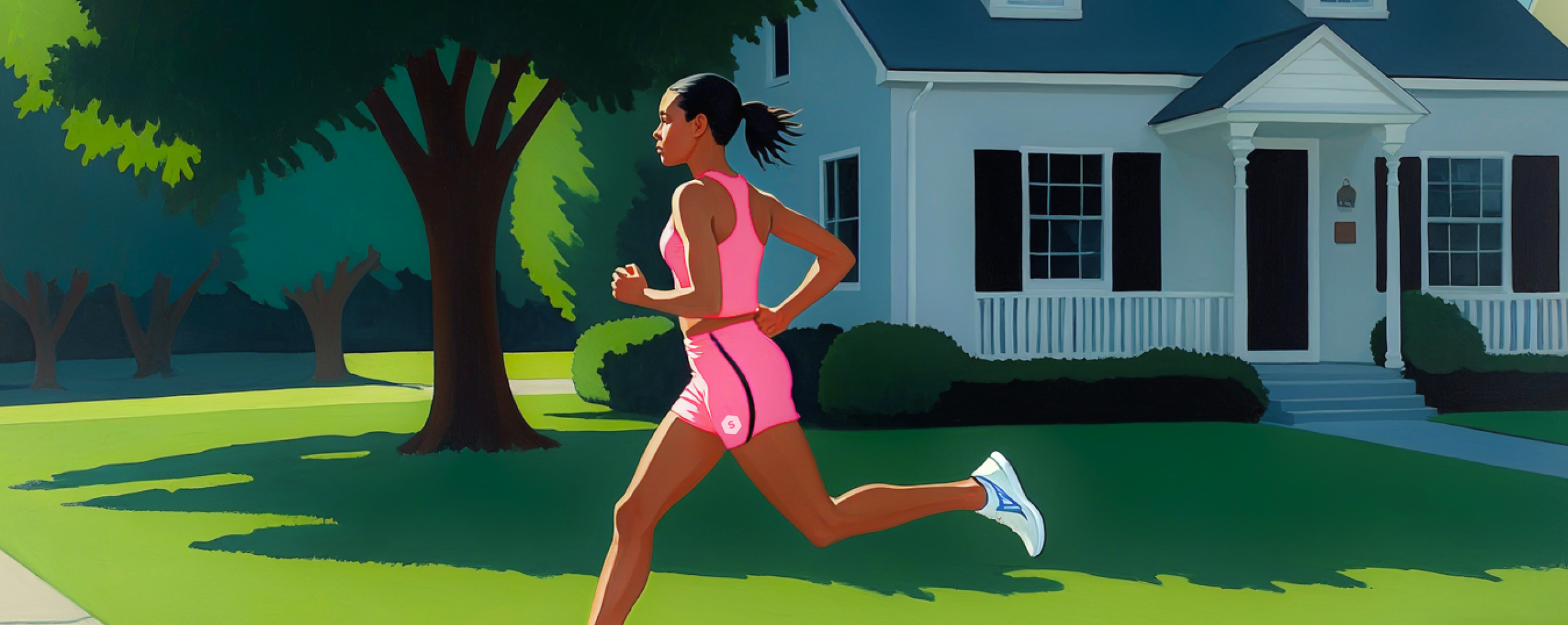 A young girl running in a pink outfit in front of a house.