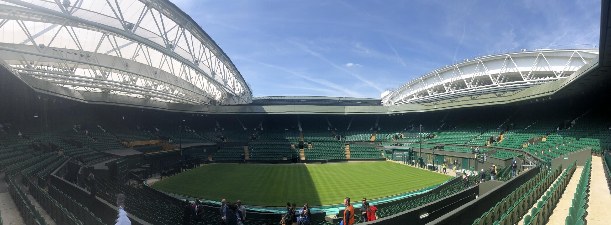 panoramic view of Centre Court at Wimbledon with no spectators