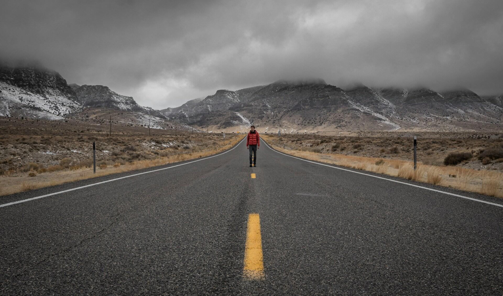 Hiker on the highway 50.