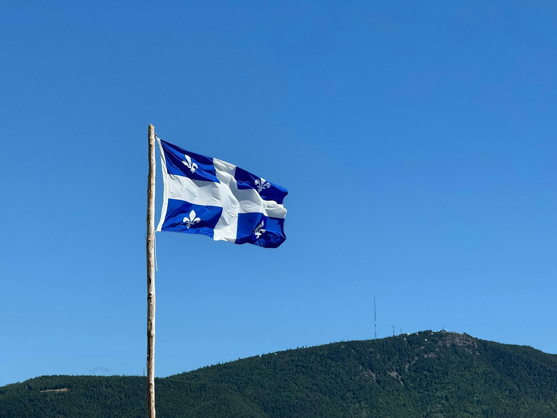 The Quebecois flag flying in the wind.