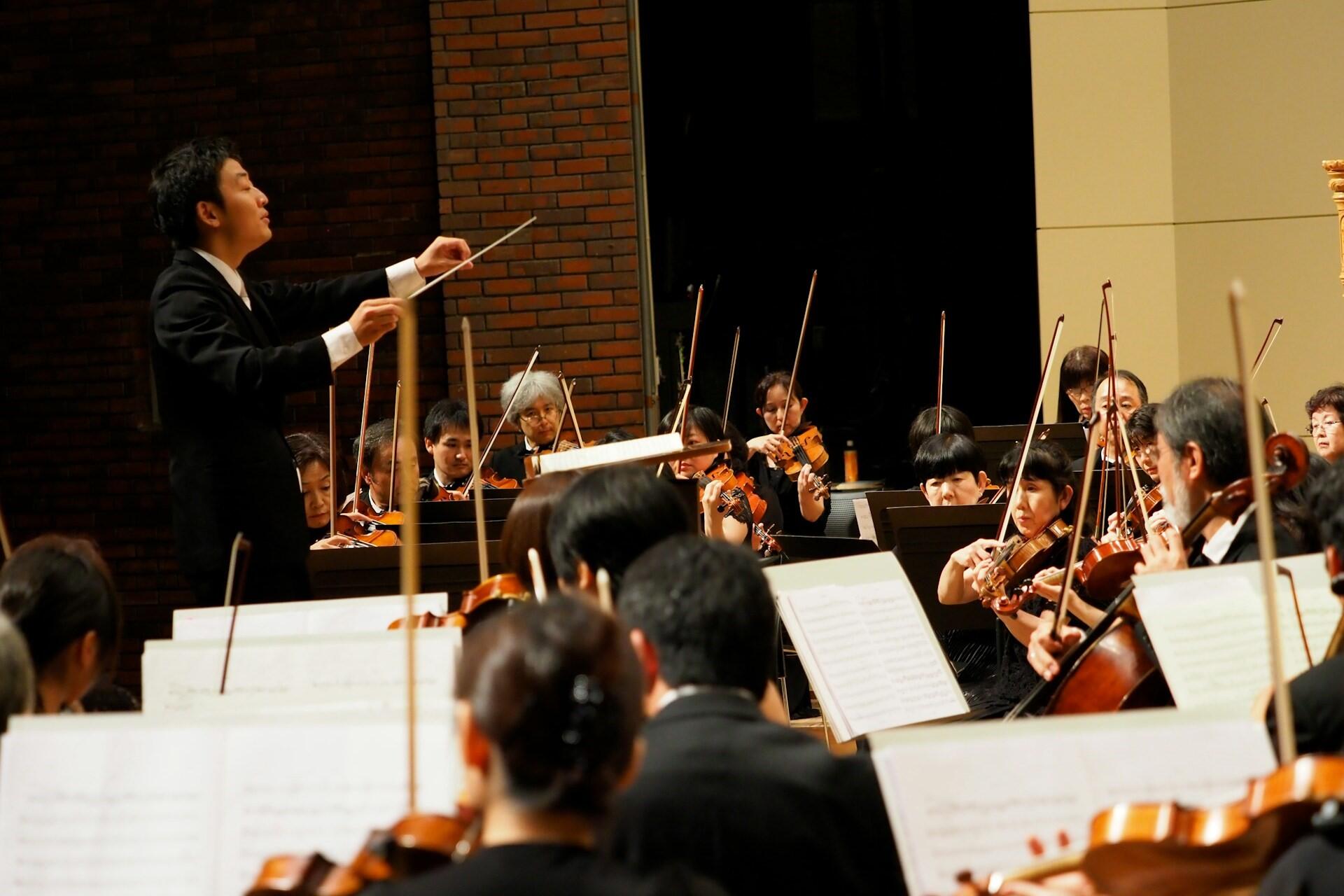 A conductor in front of a string section in an orchestra.