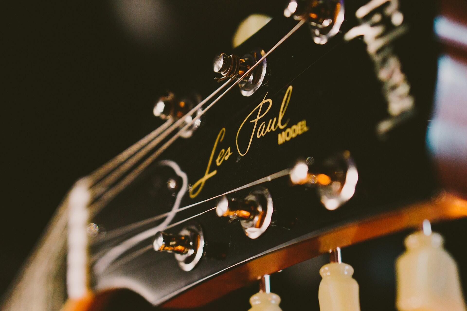 The headstock of a Les Paul guitar.