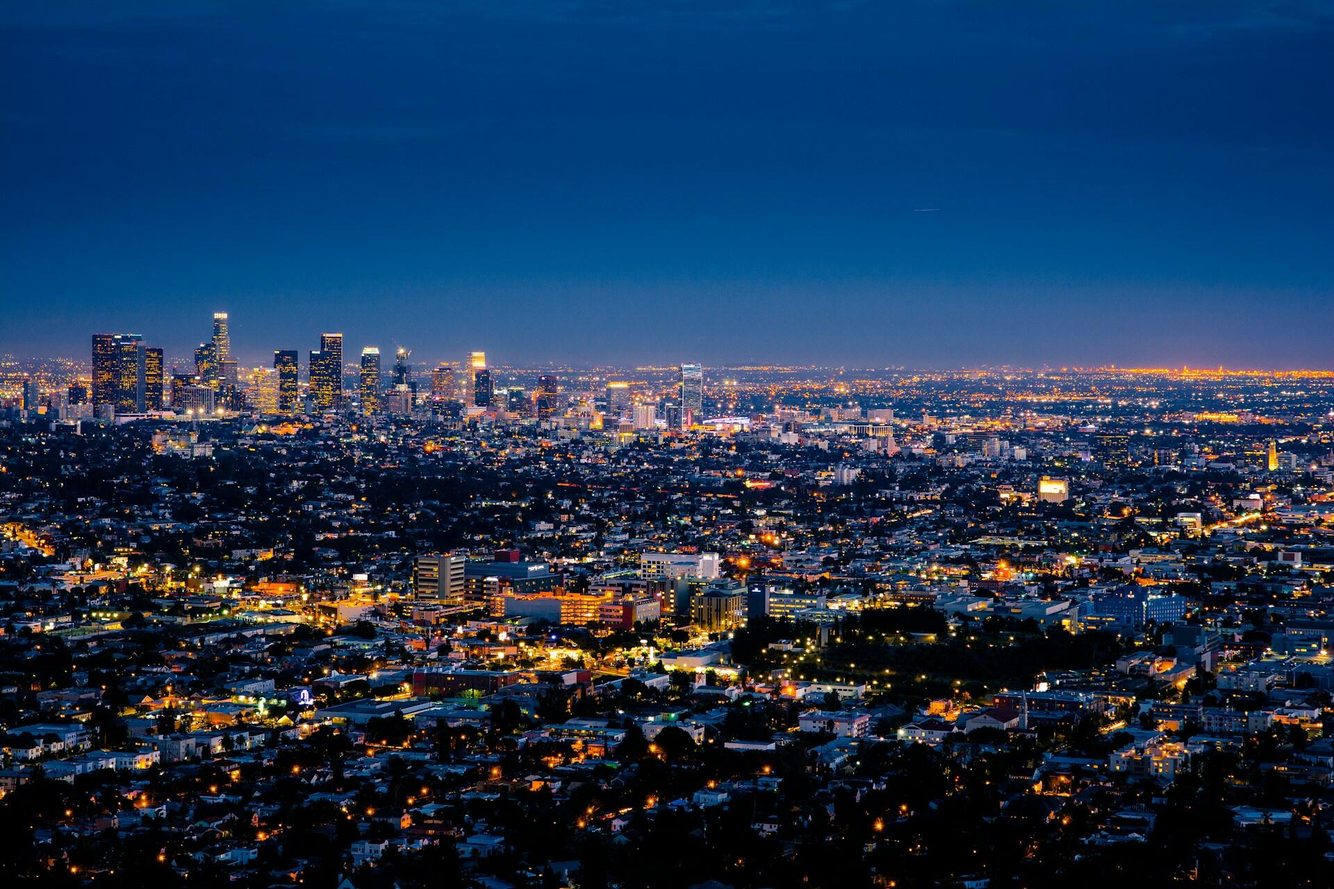 The Los Angeles skyline at night.