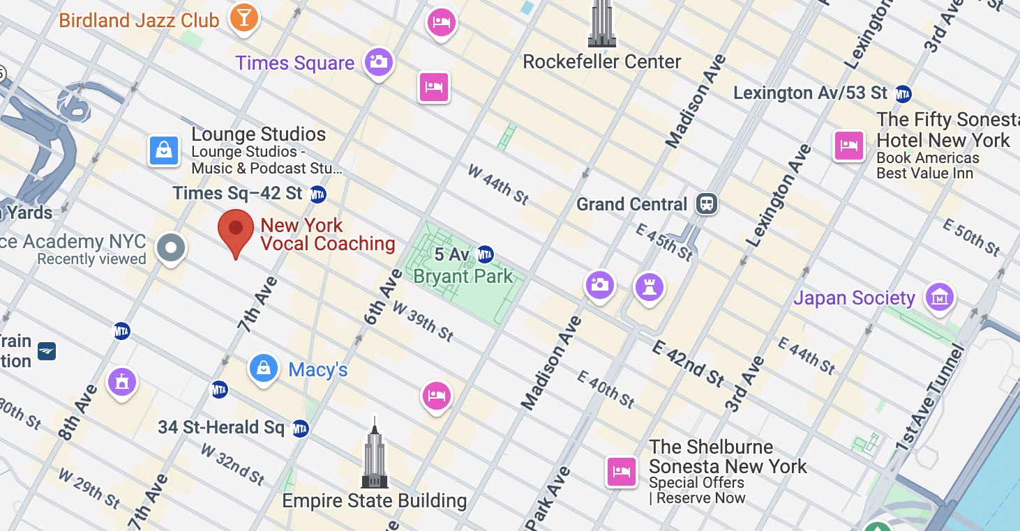 A map of NYC featuring New York Vocal Coaching