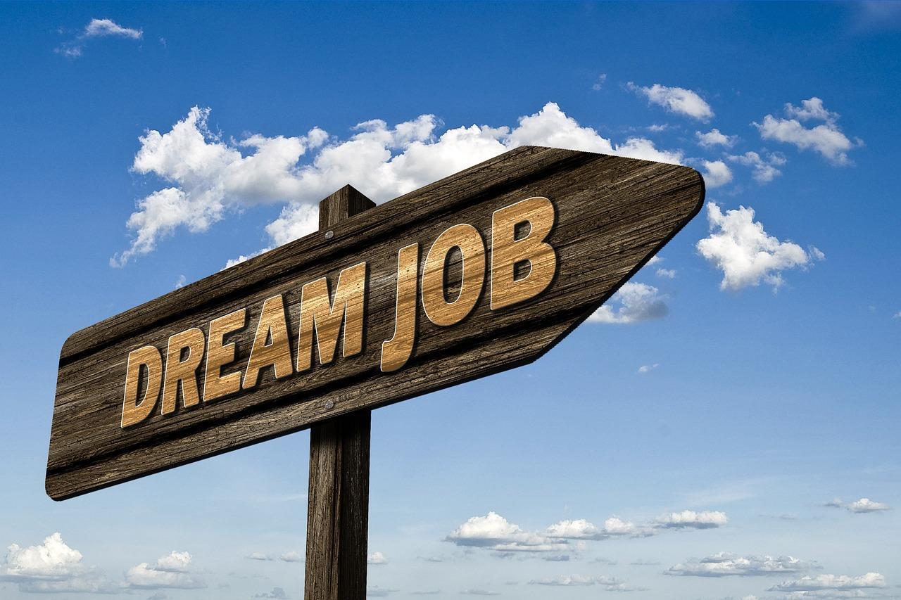 A 3D image of a wooden sign with the words "DREAM JOB" written on it, with clouds in the background of the image. A physics degree could help land you your dream job.