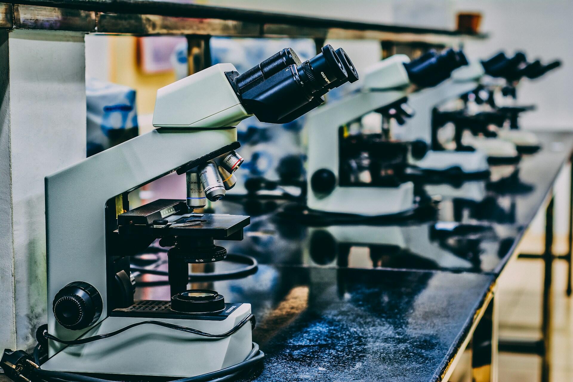 Research faculty with microscopes.