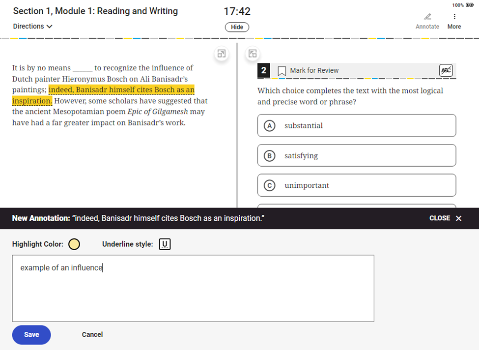 a screenshot of a question from a digital SAT practice test on the Bluebook app