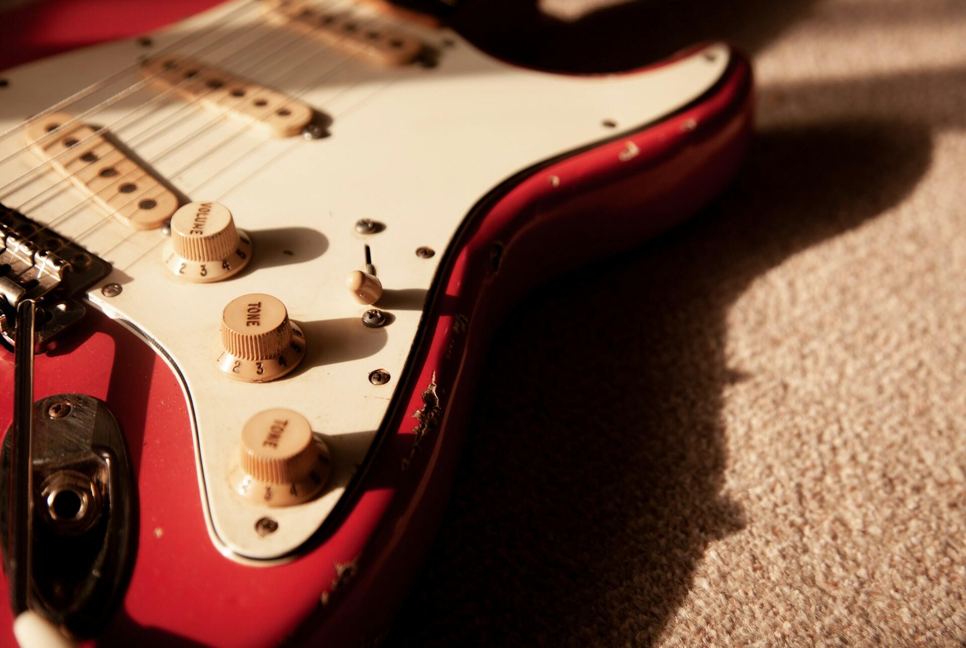 A closeup of a Fender Stratocaster.