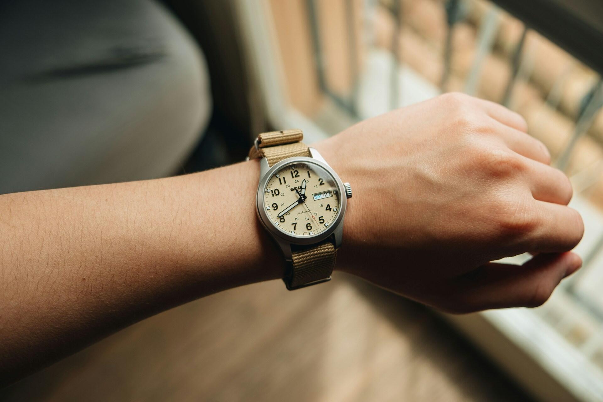 a person wearing an analog wristwatch