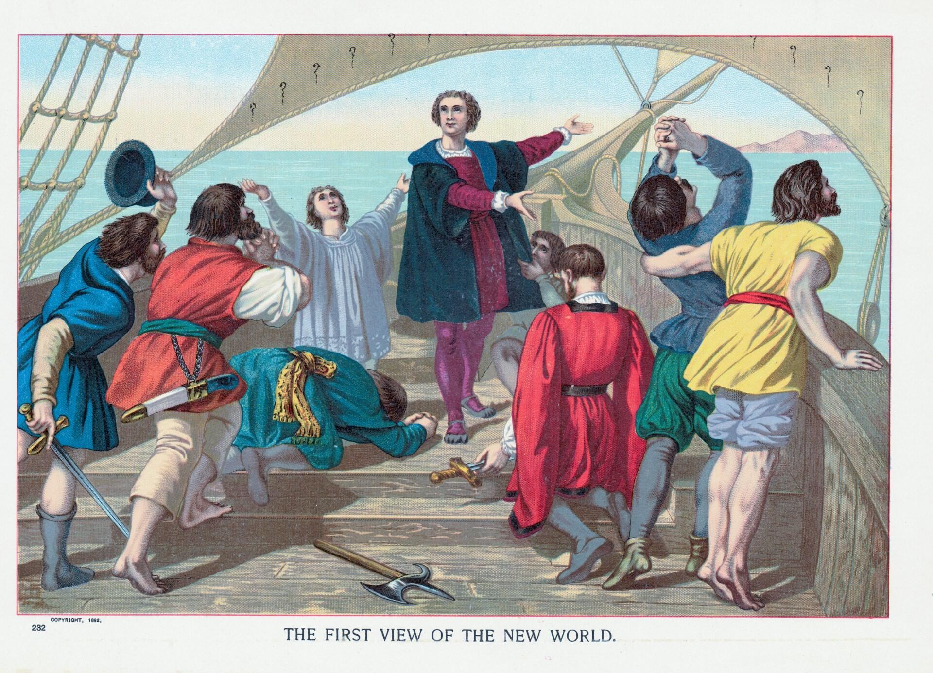 A group of explorers aboard a ship gaze out at the ocean, marveling at their first sight of land in the New World.