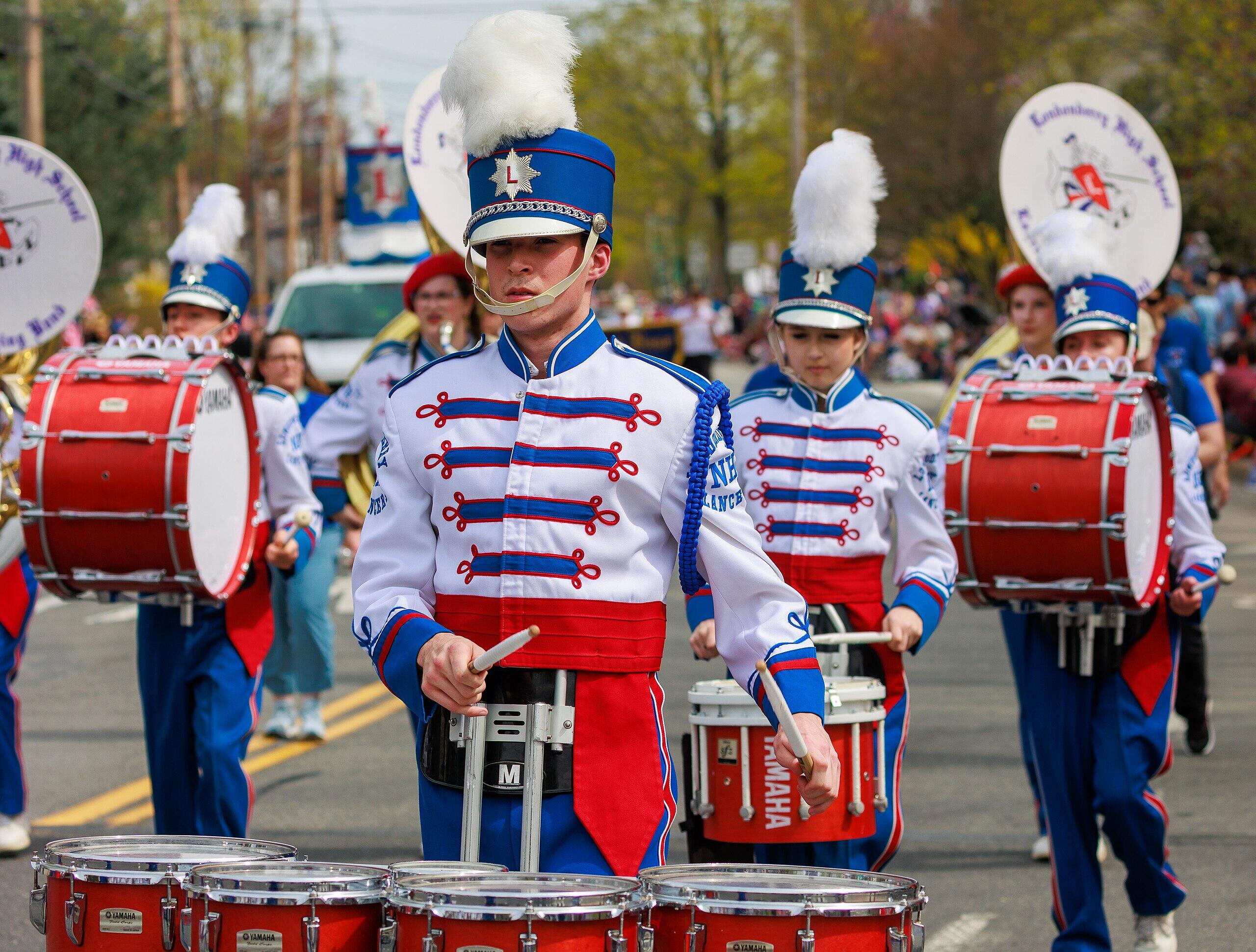 high school marching band with traditional-looking uniforms