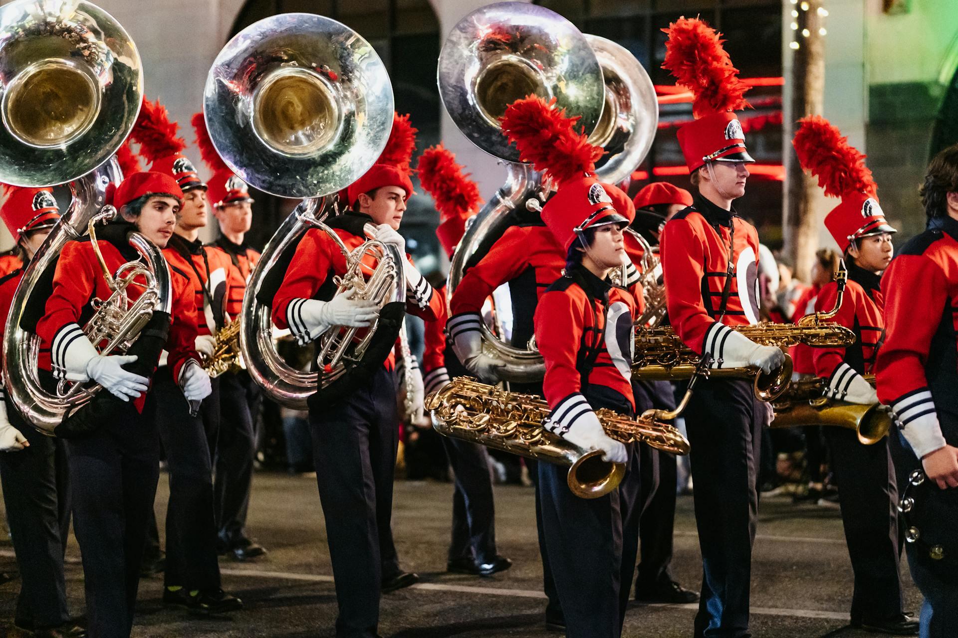 a marching band brass and wind section in formation