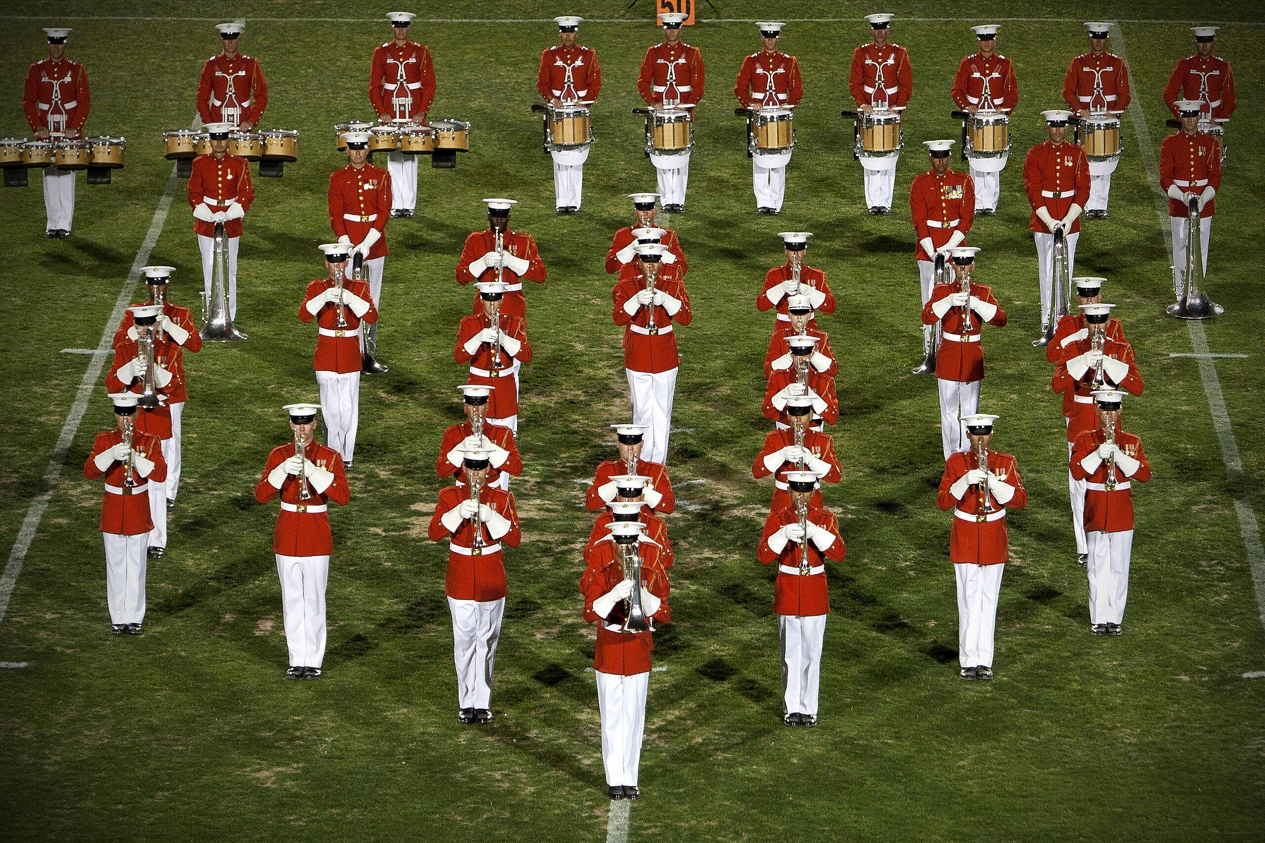 The U.S. Marine Drum & Bugle Corps performs during a Battle Color Detachment ceremony