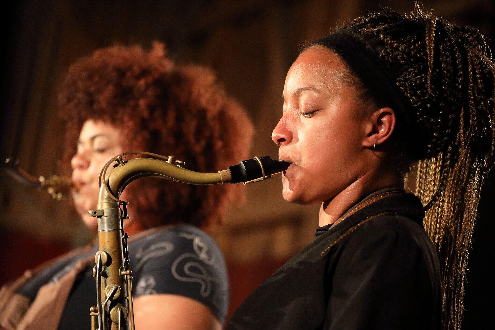 Photo of Nubya Garcia playing saxophone 2019