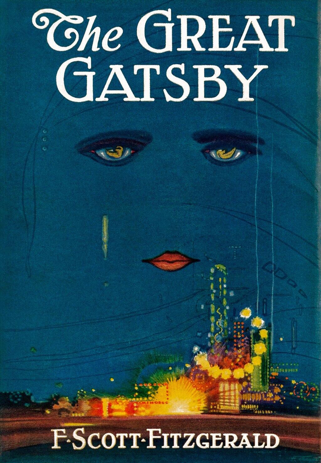 Book cover of The Great Gatsby, 1925, with the famous "Celestial Eyes" painting