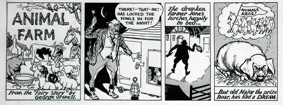 black and white comic strip of a scene from the beginning of the Animal Farm story