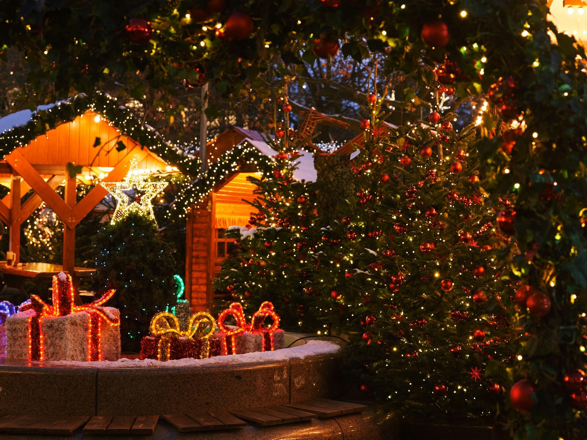 A Christmas scene full of lights and decorations.