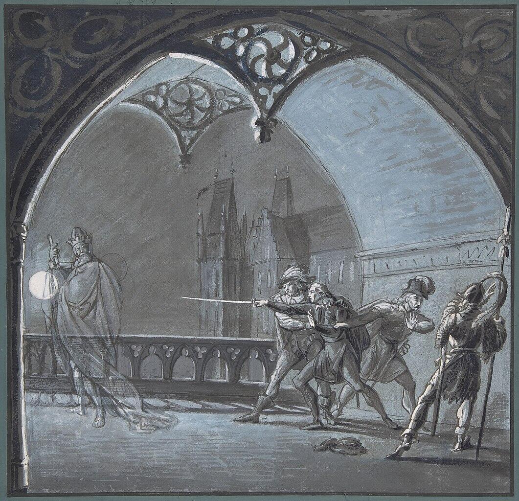 The Ghost of the King Appearing to Hamlet, Horatio and Guards, 19th century drawing