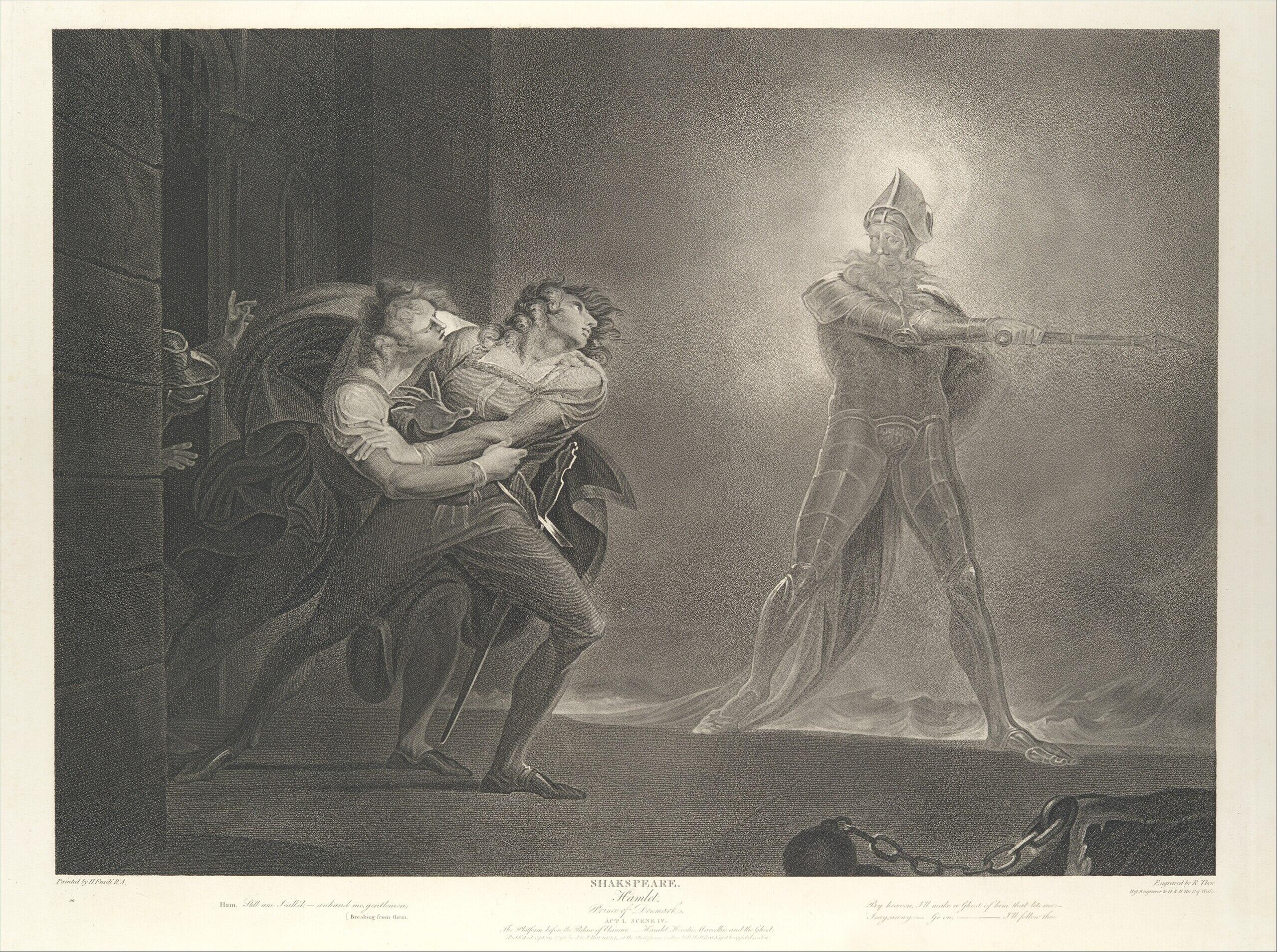 Print: Hamlet, Horatio, Marcellus and the Ghost (Shakespeare, Hamlet, Act 1, Scene 4)