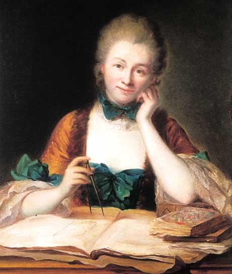 Madame de Châtelet sitting at her desk.