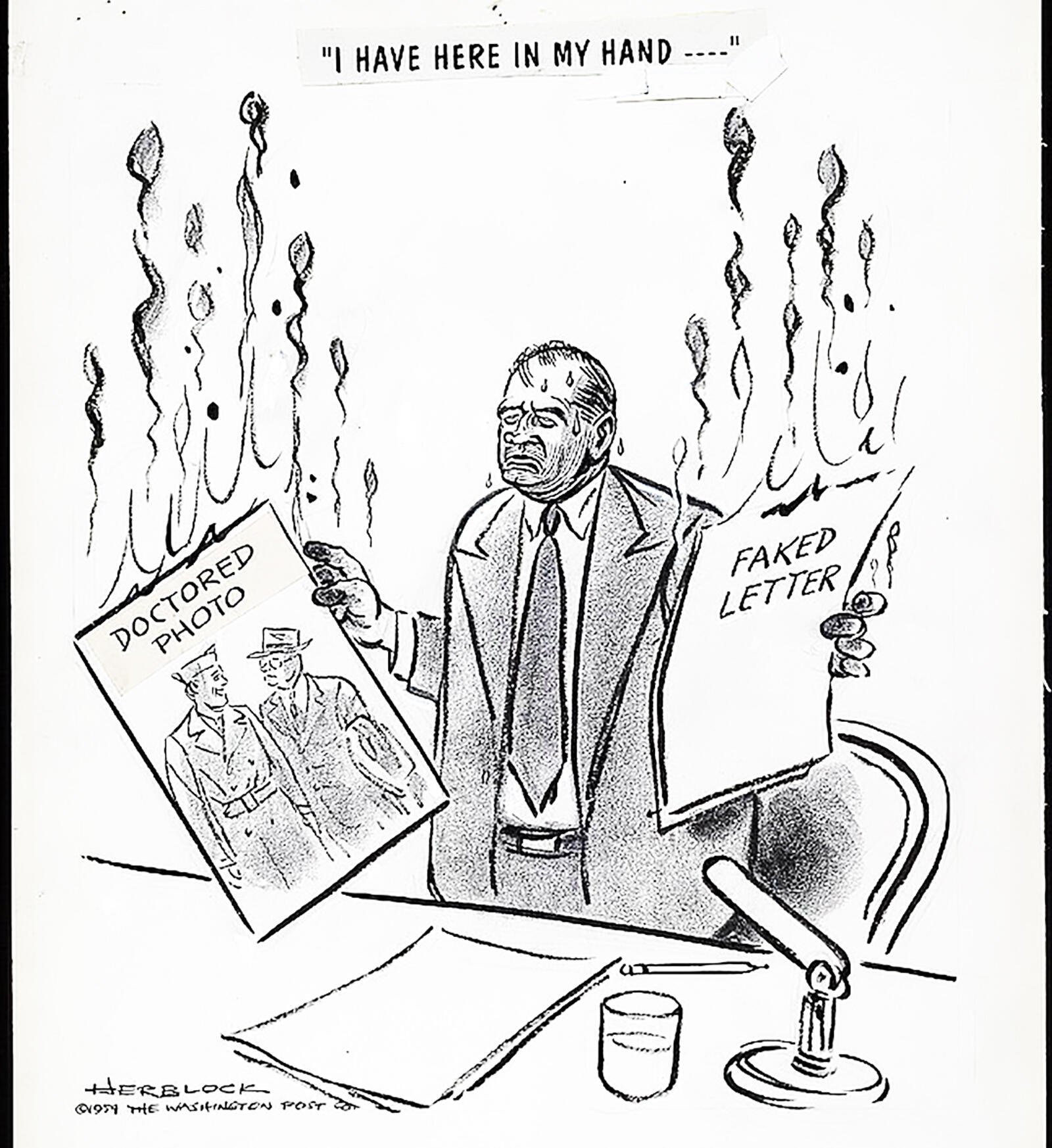 Editorial cartoon showing Sen. Joseph McCarthy holding a "doctored photo" and a "faked letter," both burning, his fingers singed, which he claims are FBI documents during the Army-McCarthy hearings